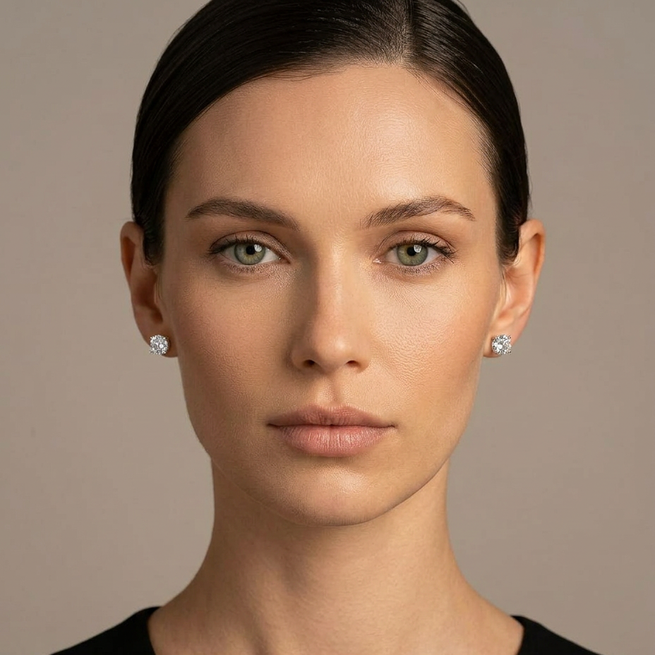 Woman wearing diamond earrings against a neutral background