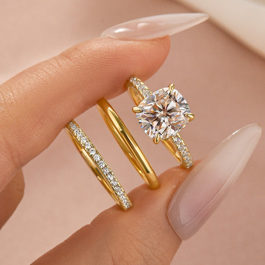 Aurevyn Moissanite 3.0Ct Cushion Cut Yellow Gold Travel Bridal Set