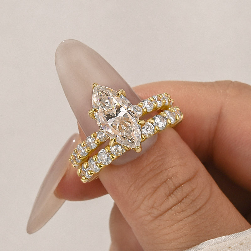 Aurevyn Moissanite 3.0Ct Marquise Side Stone Yellow Gold Travel Bridal Set