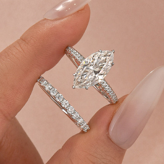Aurevyn Moissanite 3.0Ct Marquise Cut Pave Three-Sided Band Bridal Ring Set