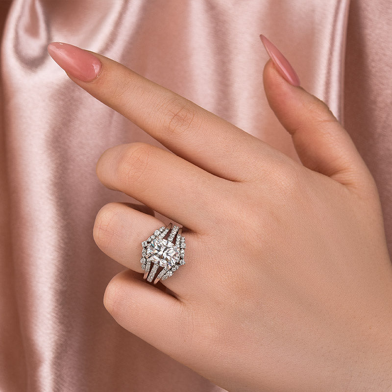 Aurevyn Moissanite 3.0Ct Cushion Cut White Gold Stack Wedding Ring with Jacket Wedding Band
