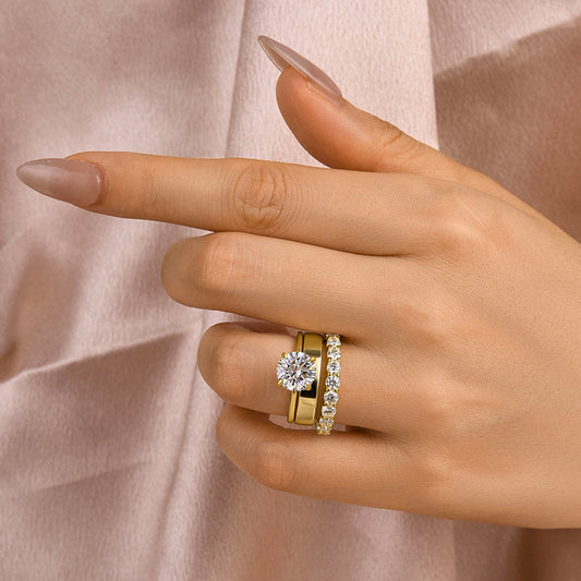 Aurevyn 2.0 Ct Round Cut Yellow Gold Wedding Ring Set with Wide Band