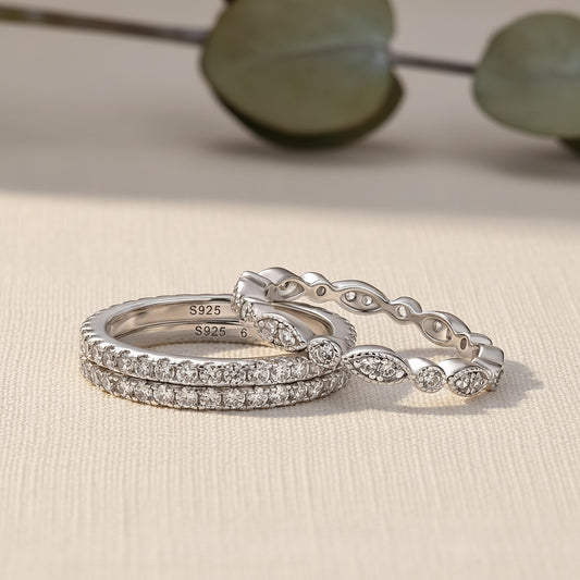 Aurevyn Eternity 3PCS Stacking Moissanite Wedding Band Set In White Gold Plated