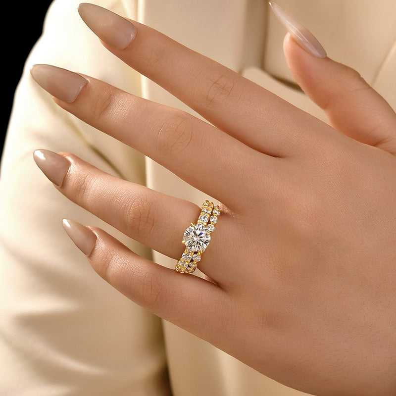 Aurevyn Moissanite 2.0Ct Side Stone Round Cut Yellow Gold Engagement Ring with 1.5Ct Round Cut Wedding Band