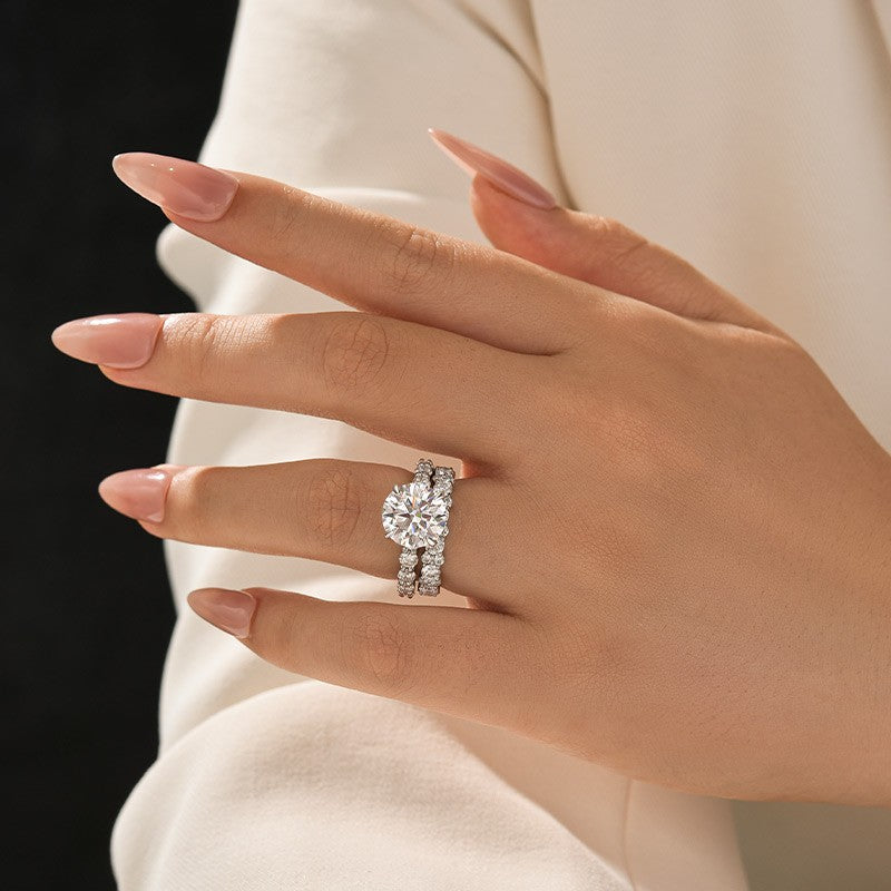 Aurevyn Moissanite 4.0Ct/3.0 Ct Round Cut White Gold Stack Wedding Ring with Round Cut Full Wedding Band