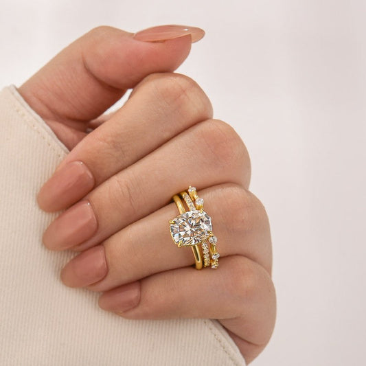 Aurevyn Moissanite 4.0Ct Cushion Cut Solitaire Yellow Gold 3PC Wedding Ring Set
