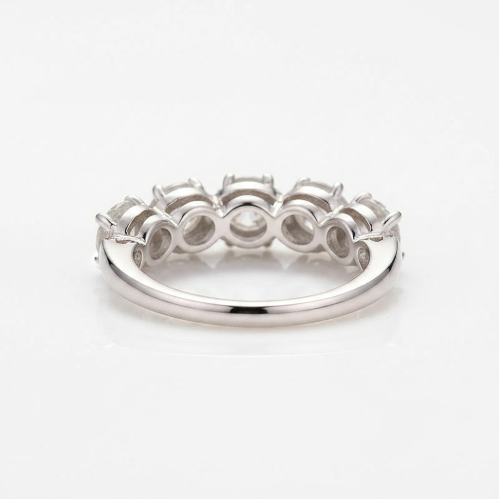 Aurevyn 1.3Ct Round Cut Moissanite Five Stone Wedding Band Halo Design in Sterling Silver
