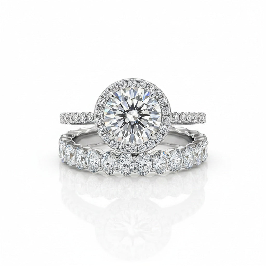 Aurevyn 2.0 Ct Halo Round Cut White Gold Wedding Ring with Oval Cut Wedding Band
