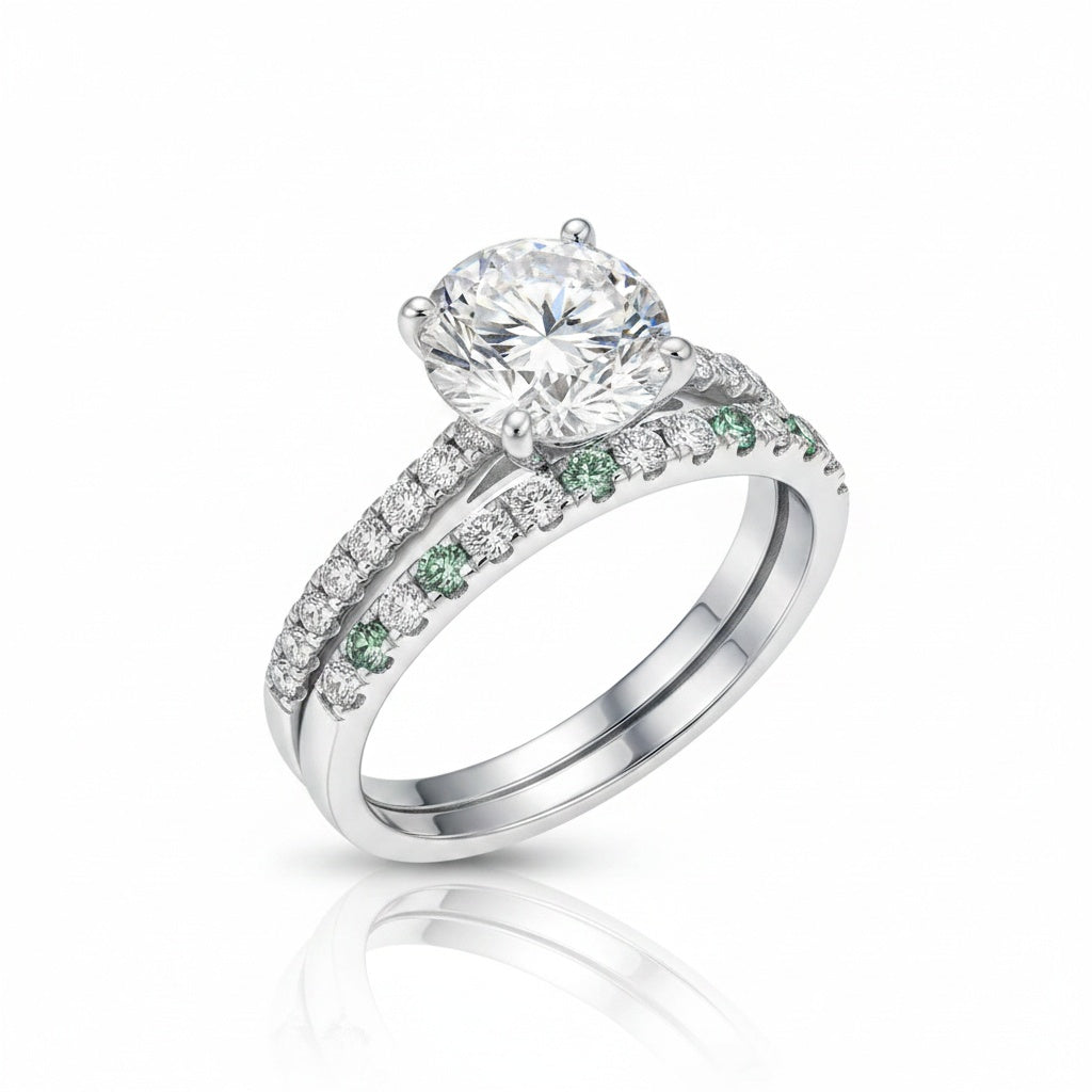 Aurevyn 2.0Ct Round Cut Engagement Ring With Green & White Round Cut Wedding Band