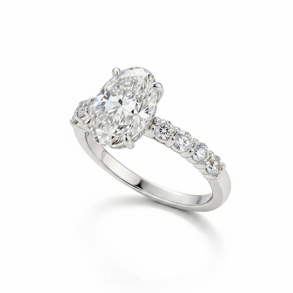 Aurevyn 2.5 Ct/4.0Ct Oval Cut Hidden Halo White Gold Moissanite Diamond Engagement Ring