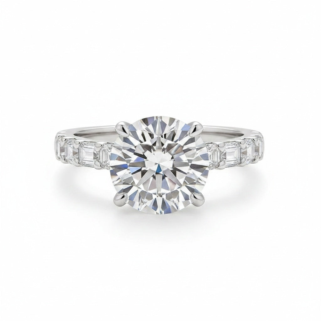 Aurevyn 4.0 Ct Round White Gold Engagement Ring with Asscher Cut Wedding Band