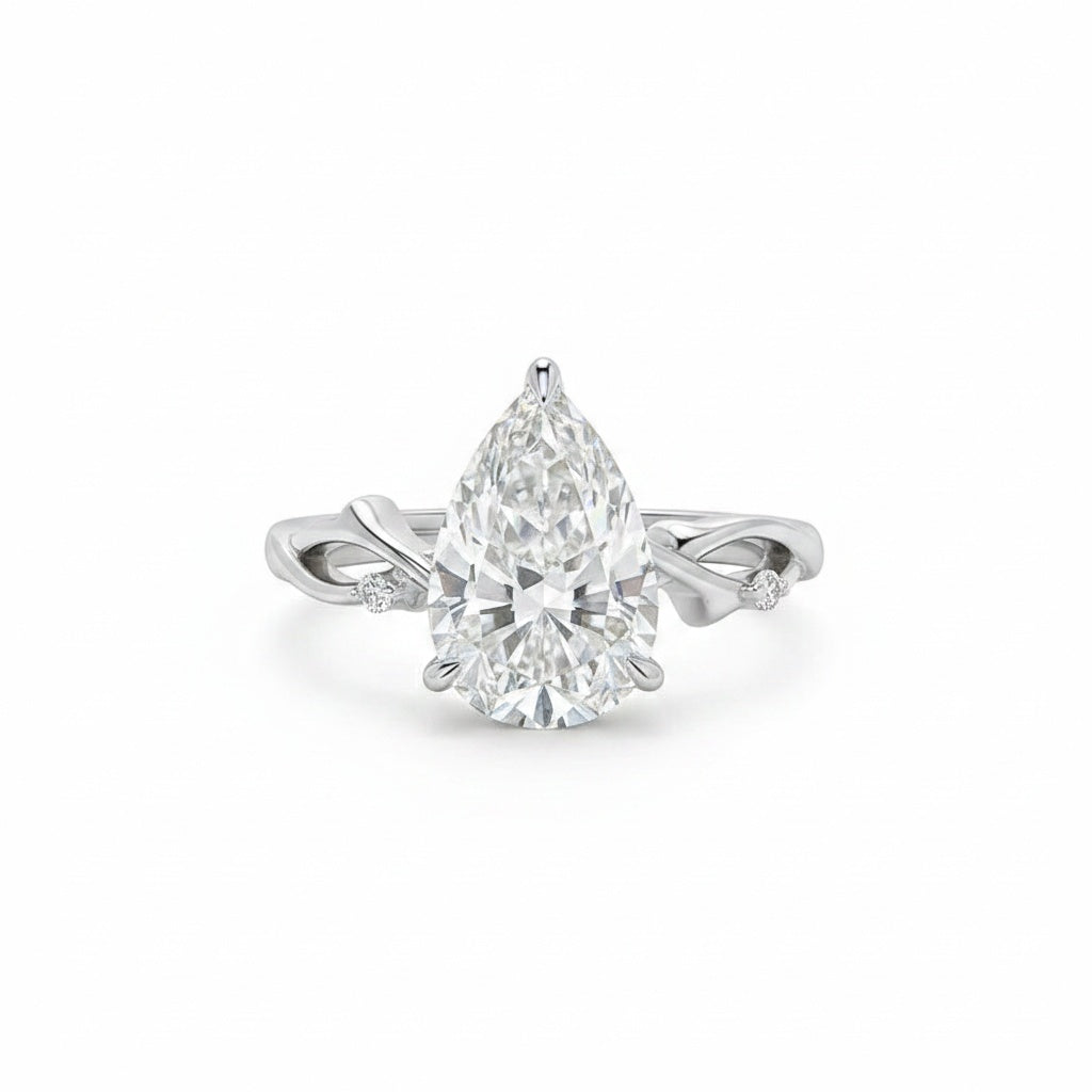 Aurevyn 4.0Ct Pear Cut Twisted Willow Ring White Gold Moissanite Diamond Ring
