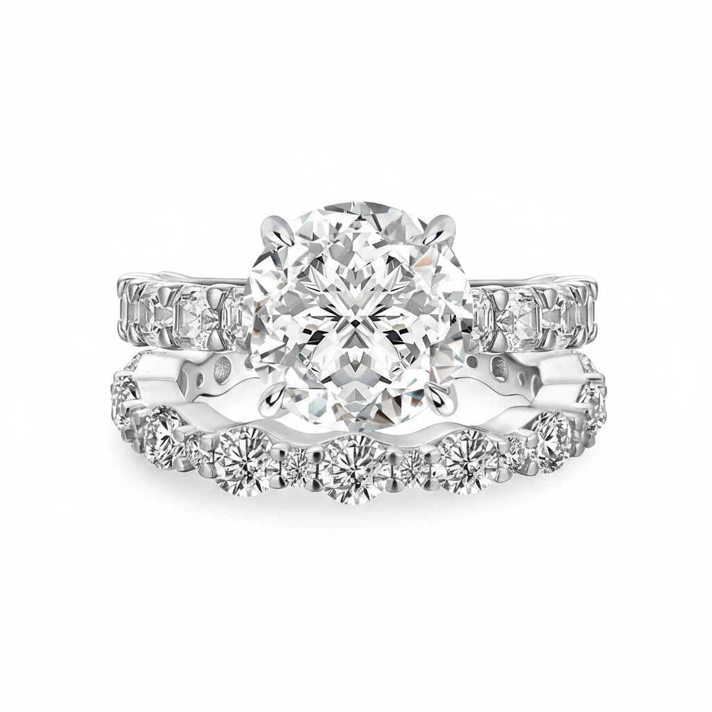 Aurevyn 4.0Ct Round Cut Engagement Ring With Round Cut/Asscher Cut Wedding Band Wedding Ring Set