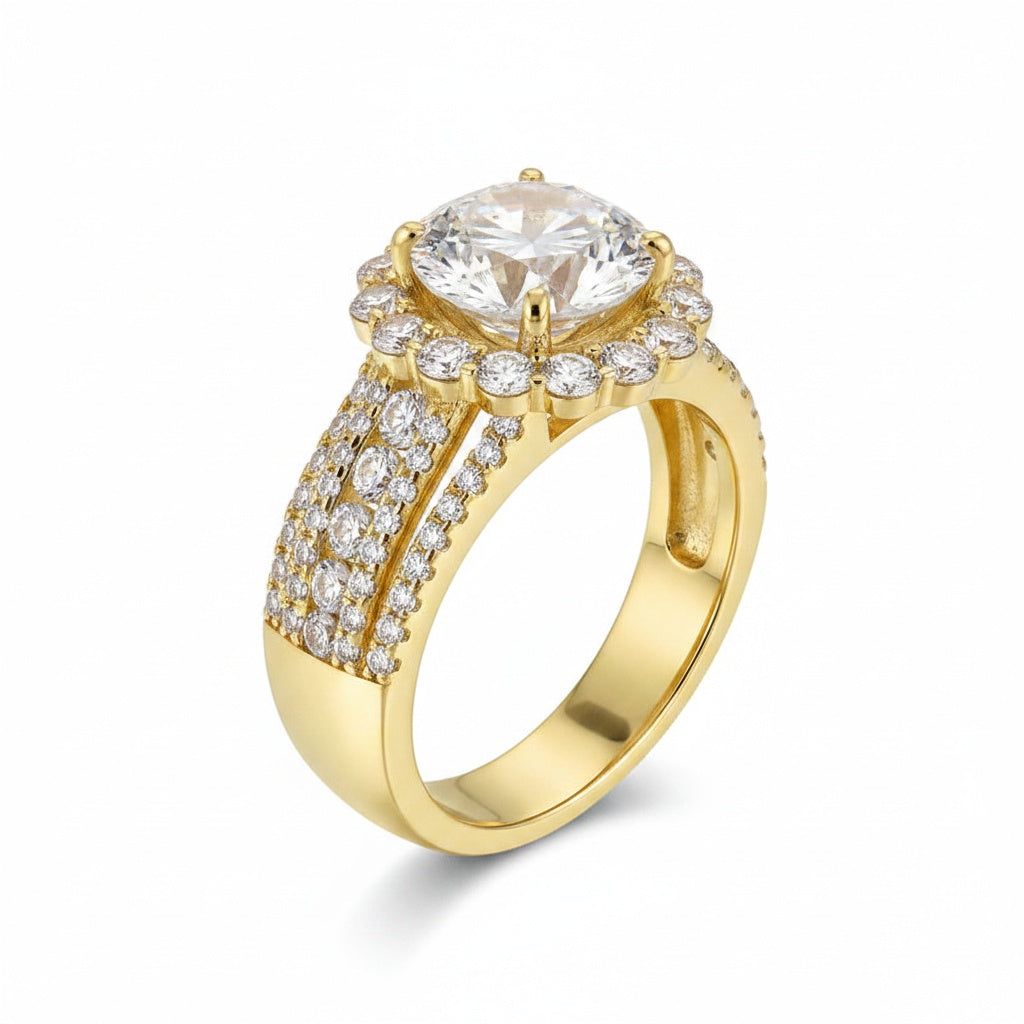 Aurevyn Halo Split Shank 4.0Ct Round Cut Yellow Gold Moissanite Engagement Ring