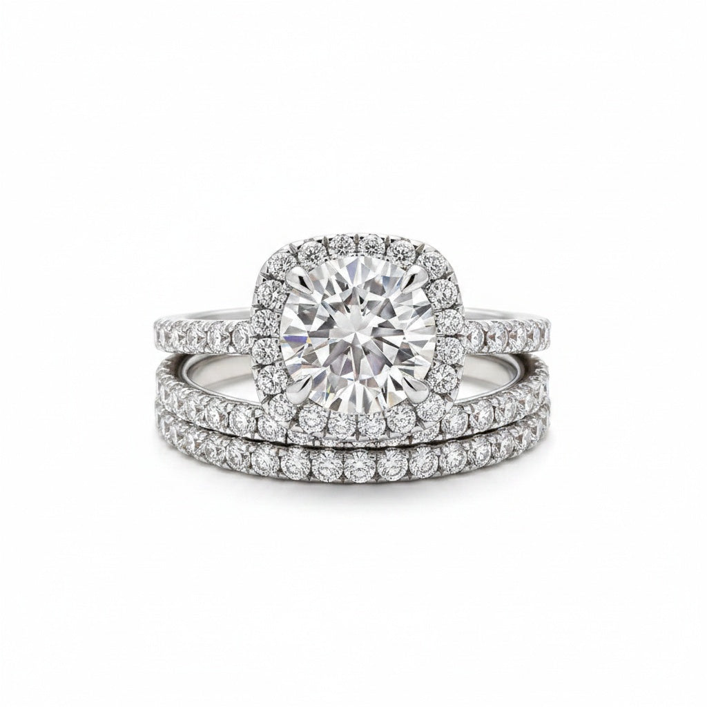 Aurevyn Moissanite 2.0 Ct Halo Round Cut White Gold Promise Ring with Full Eternity Thin Wedding Band