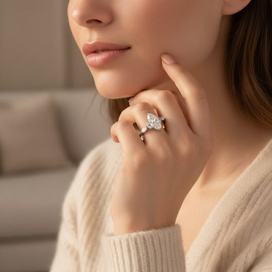 Aurevyn Moissanite 2.0 Ct Marquise Cut Side Stone White Gold Engagement Ring