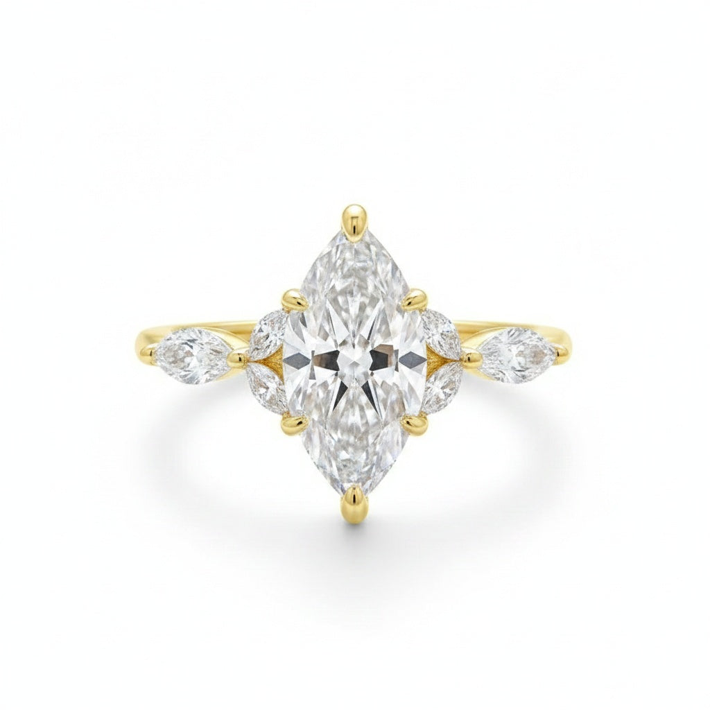Aurevyn Moissanite 2.0 Ct Marquise Cut Side Stone Yellow Gold Engagement Ring