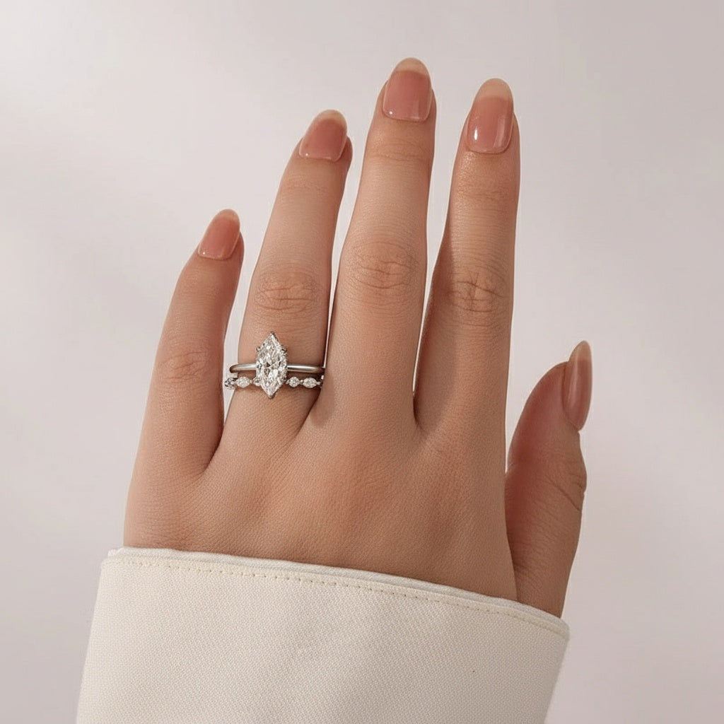 Aurevyn Moissanite 2.0 Ct Marquise Cut Solitaire White Gold Engagement Ring with Round & Marquise Accents Bands