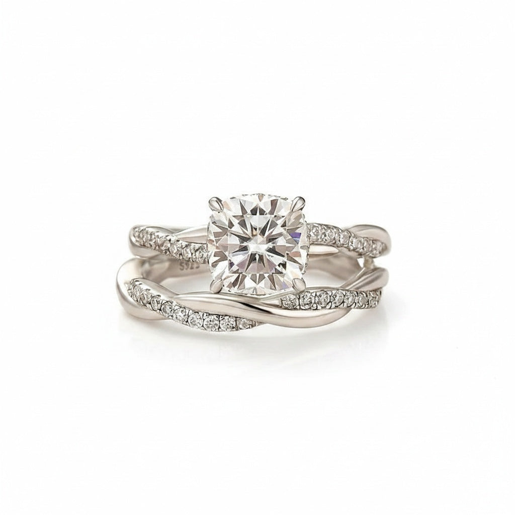 Aurevyn Moissanite 2.0Ct Cushion Cut Twist Wedding Ring Travel Ring In Sterling Silver