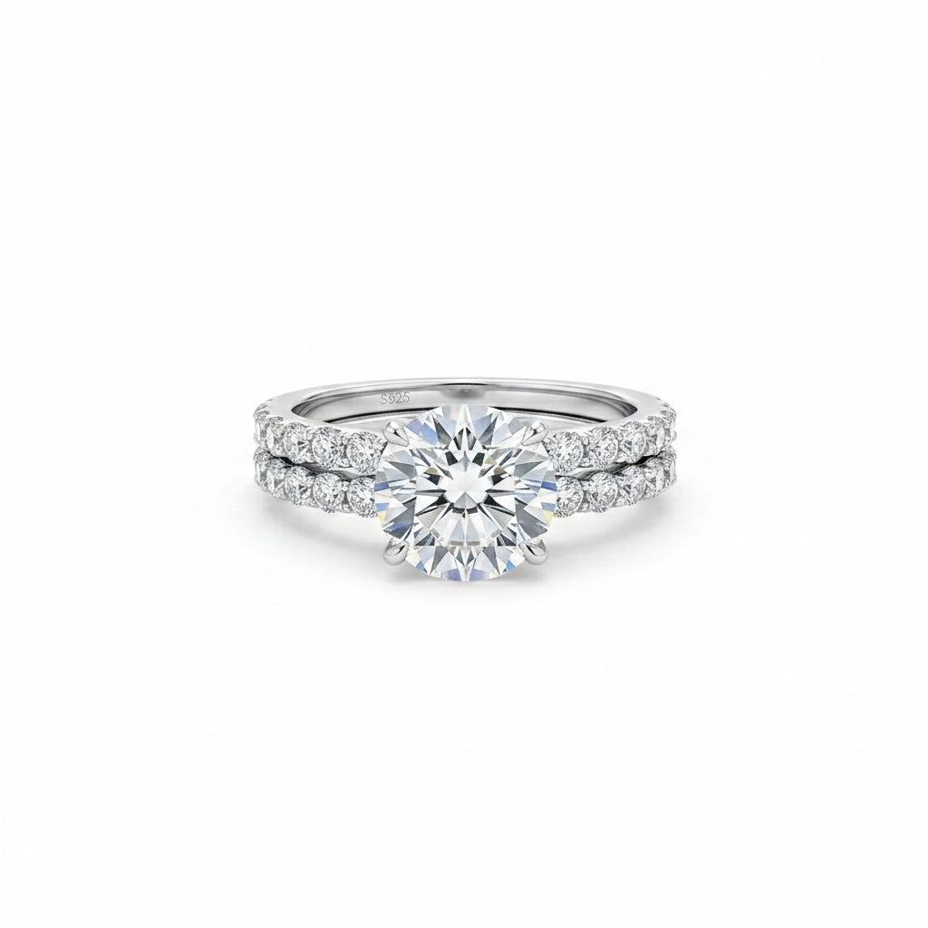 Aurevyn Moissanite 2.0Ct~4.0Ct Round Cut Side Stone White Gold Travel Bridal Set