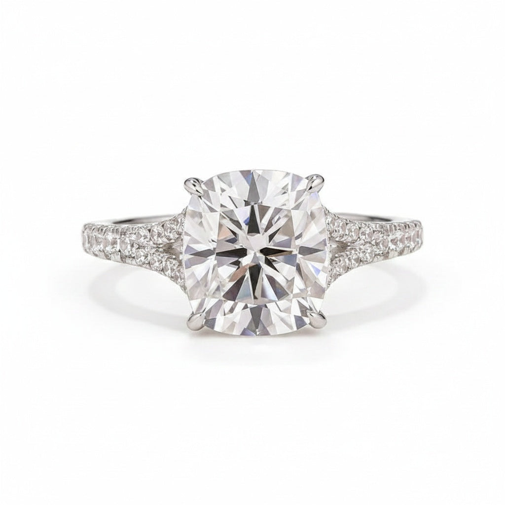 Aurevyn Moissanite 3.0Ct Cushion Cut Split Shank White Gold Engagement Ring