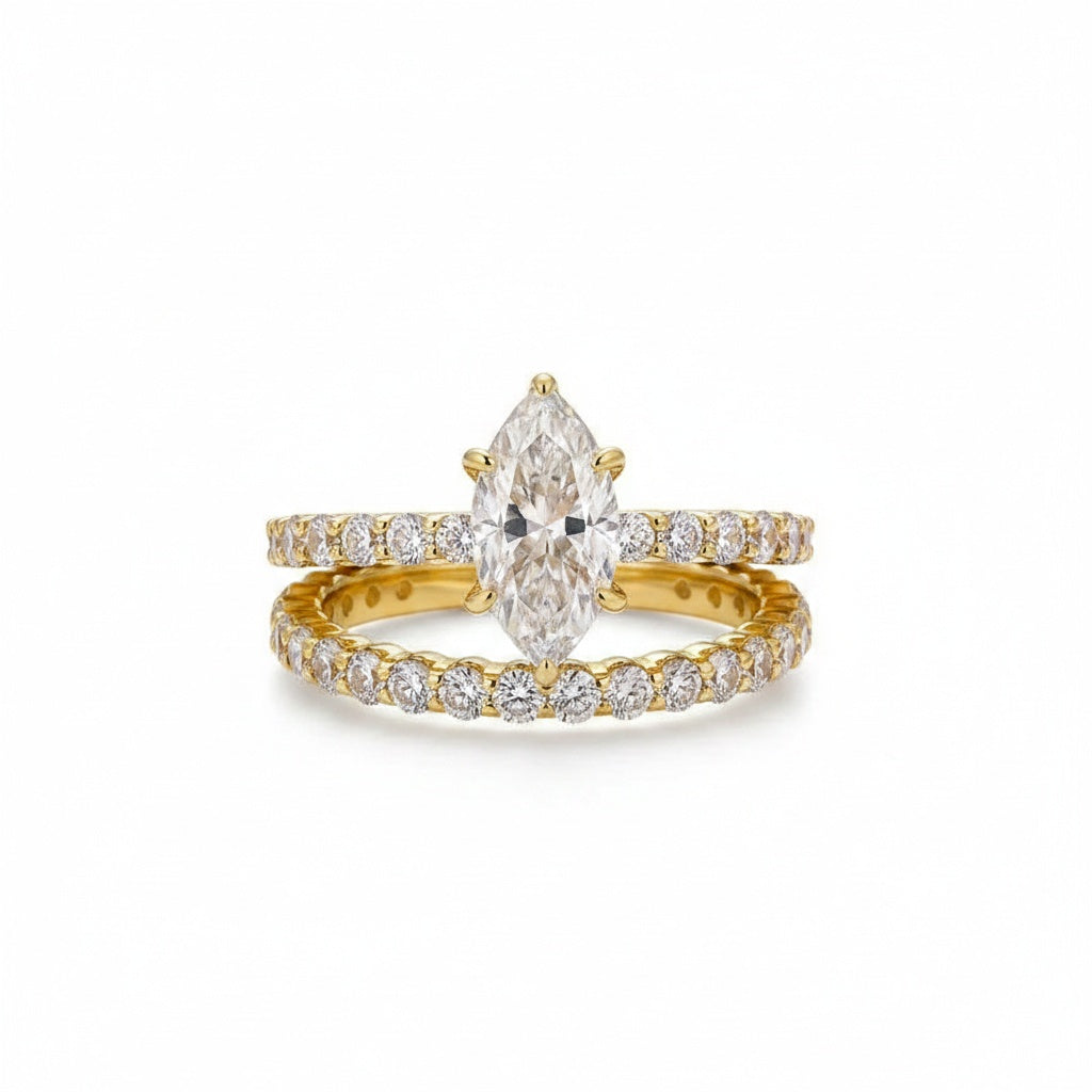 Aurevyn Moissanite 3.0Ct Marquise Cut Yellow Gold Wedding Ring with Oval Cut Wedding Ring