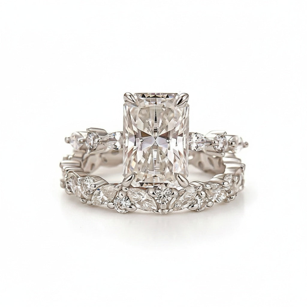 Aurevyn Moissanite 3.5 Ct Radiant Cut White Gold Engagement Ring with Marquise & Round Wedding Ring