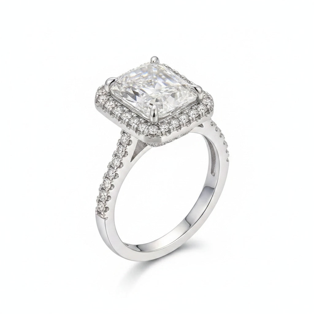 Aurevyn Moissanite 3.5Ct Radiant Cut Halo Engagement Ring In Sterling Silver