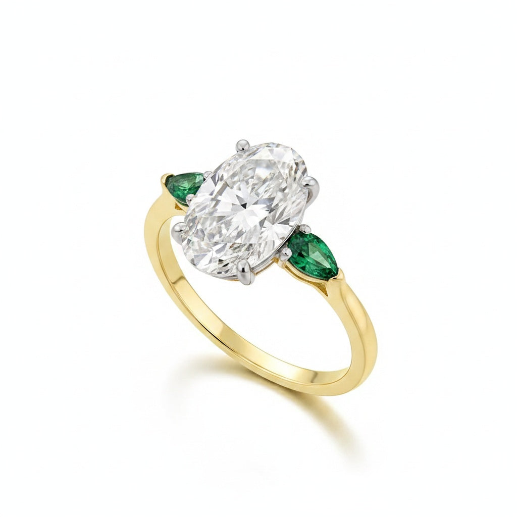 Aurevyn Moissanite 4.0Ct Oval Cut Green Pear Cut Side Stone Engagement Ring