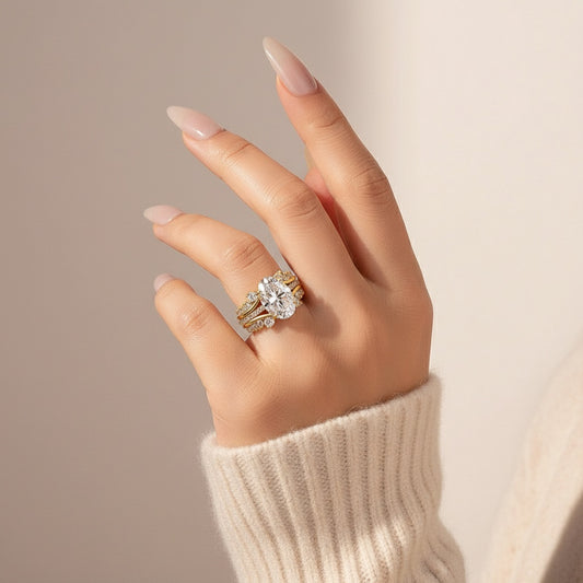 Aurevyn Moissanite 4.0Ct Oval Cut Yellow Gold Wedding Ring with Enhancer Ring