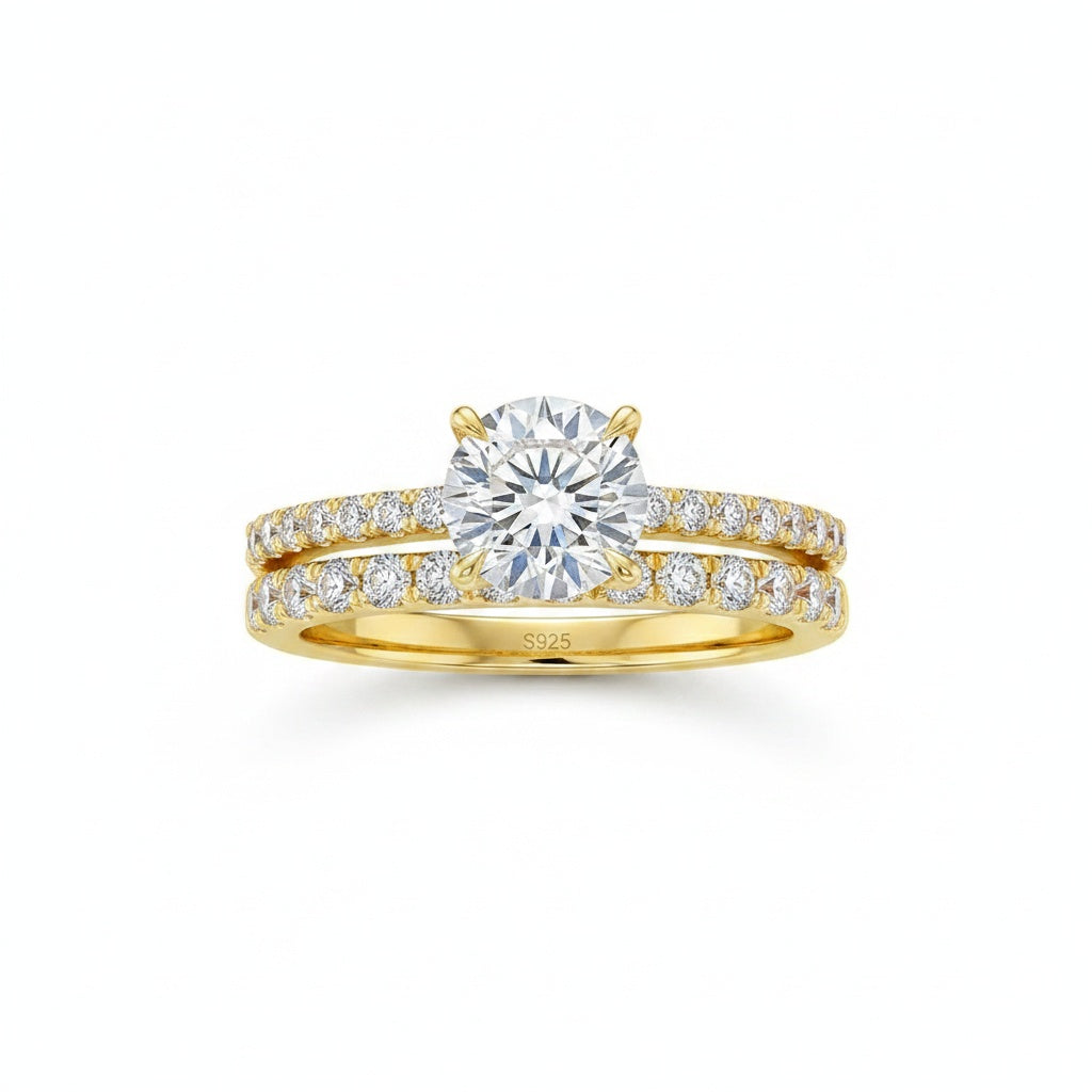 Aurevyn Moissanite 4.0Ct Round Cu/Oval Cut Side Stone Yellow Gold Travel Bridal Set