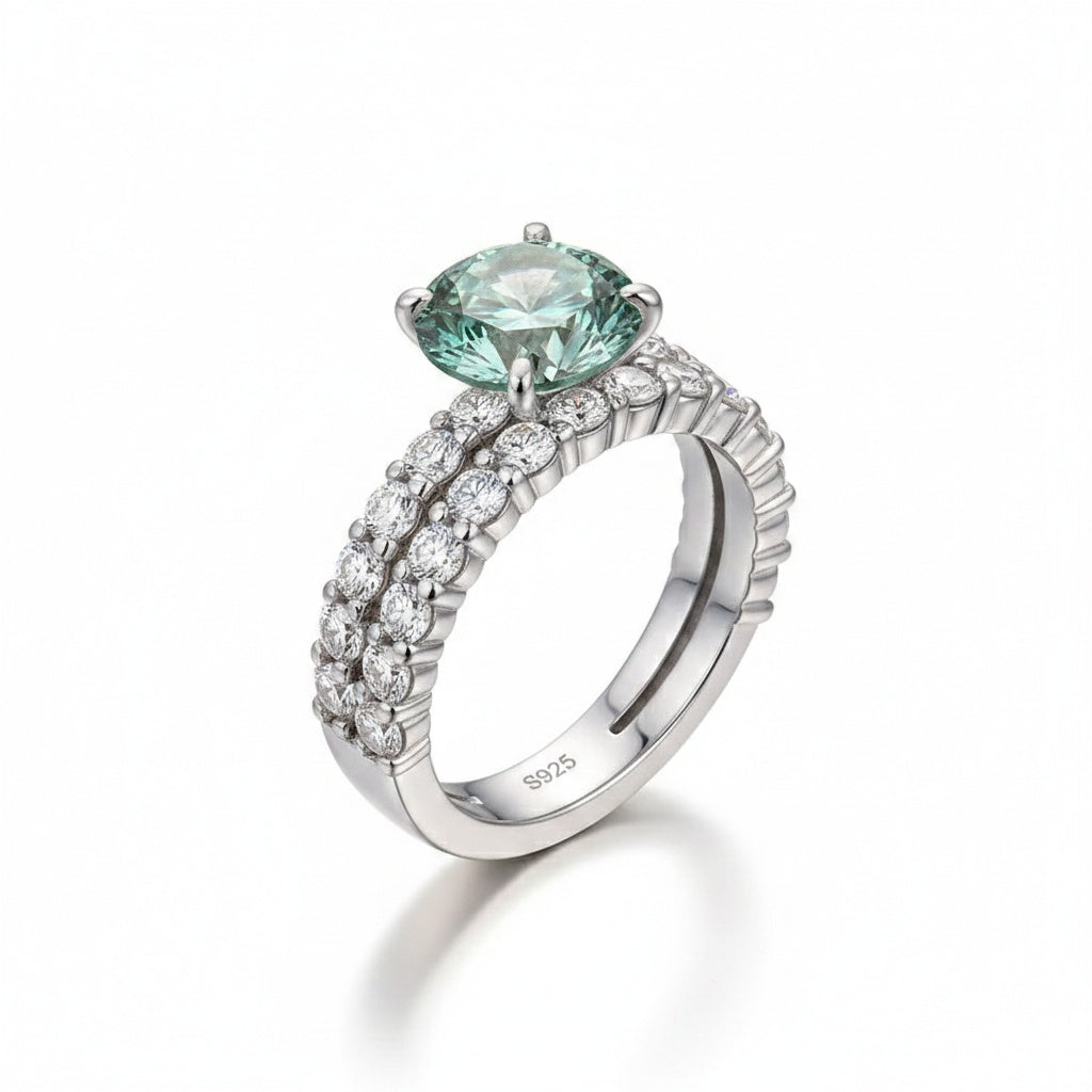 Aurevyn Moissanite 4.0Ct Turquoise Round Cut Side Stone White Gold Travel Bridal Set