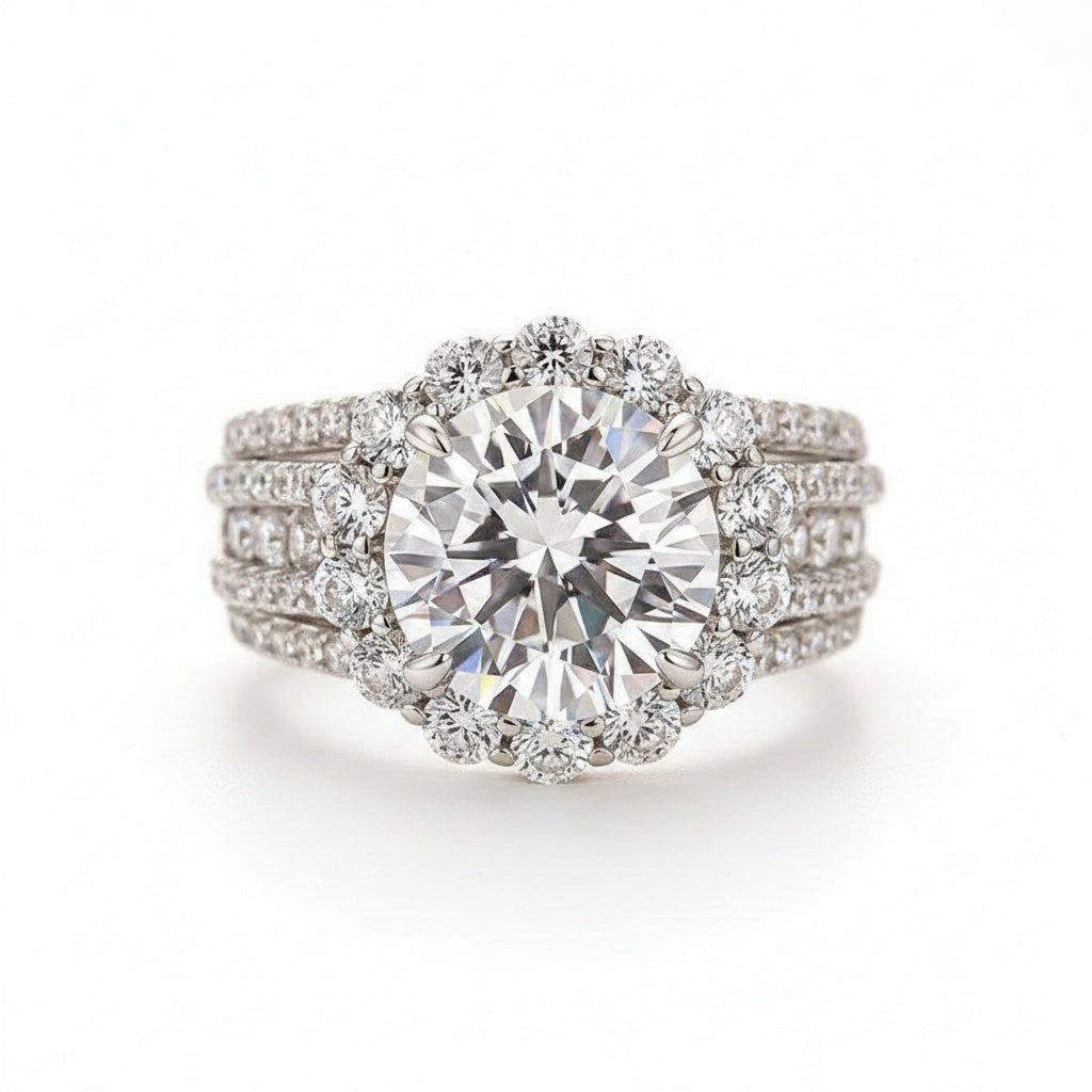 Aurevyn Moissanite Halo Split Shank 4.0Ct Round Cut White Gold Engagement Ring
