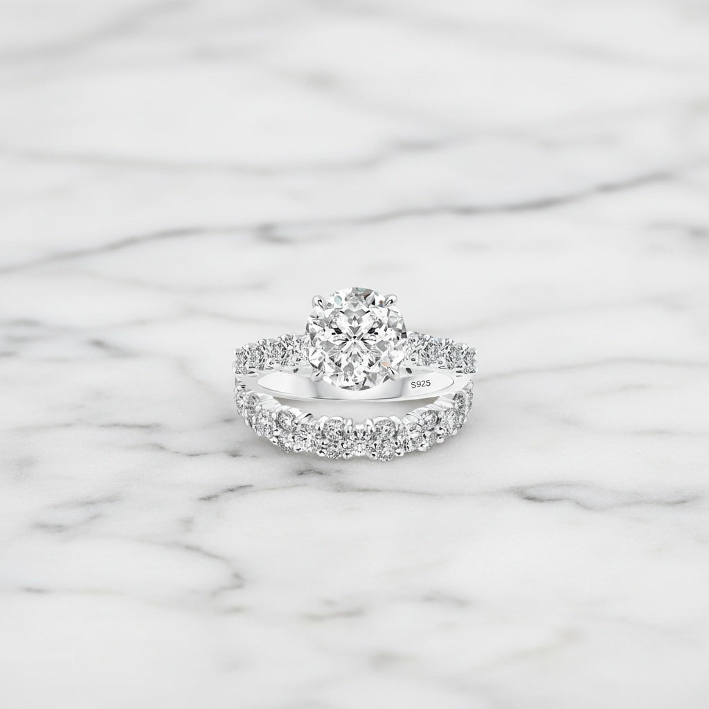 Aurevyn S925 2.0Ct Round Cut 2PC Brival Ring Set Solitaire Promise Ring & Pavé Eternity Band