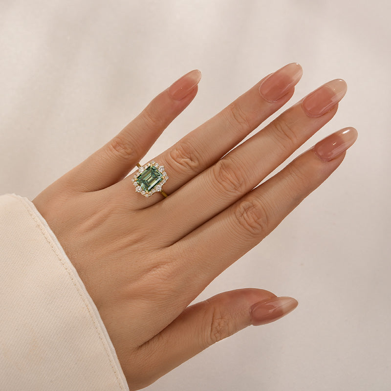 Aurevyn Moissanite 3.0Ct Halo Emerald Stone Emerald Cut Engagement Ring in Sterling Silver