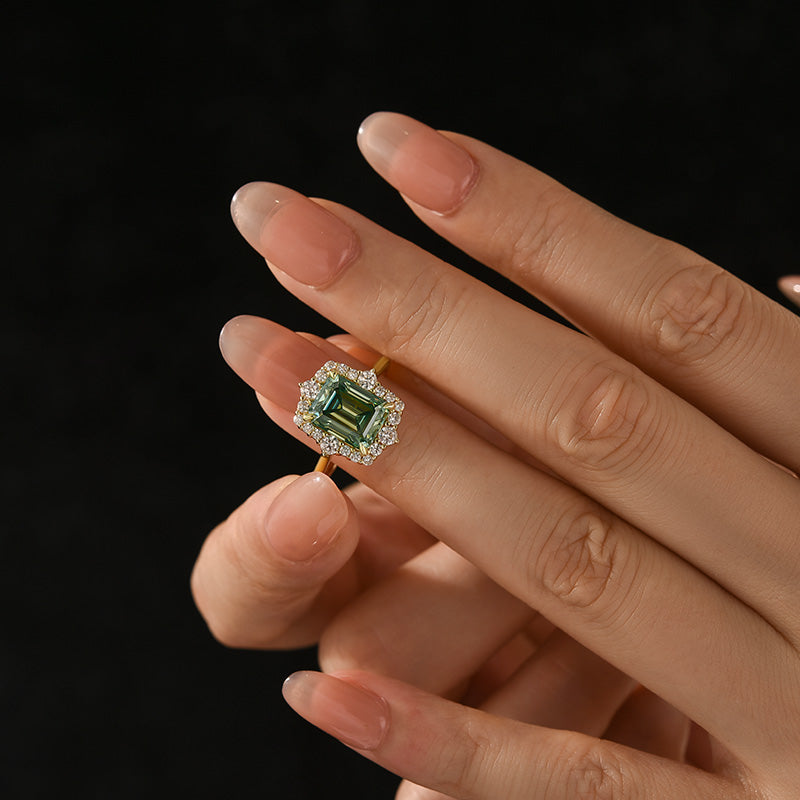 Aurevyn Moissanite 3.0Ct Halo Emerald Stone Emerald Cut Engagement Ring in Sterling Silver