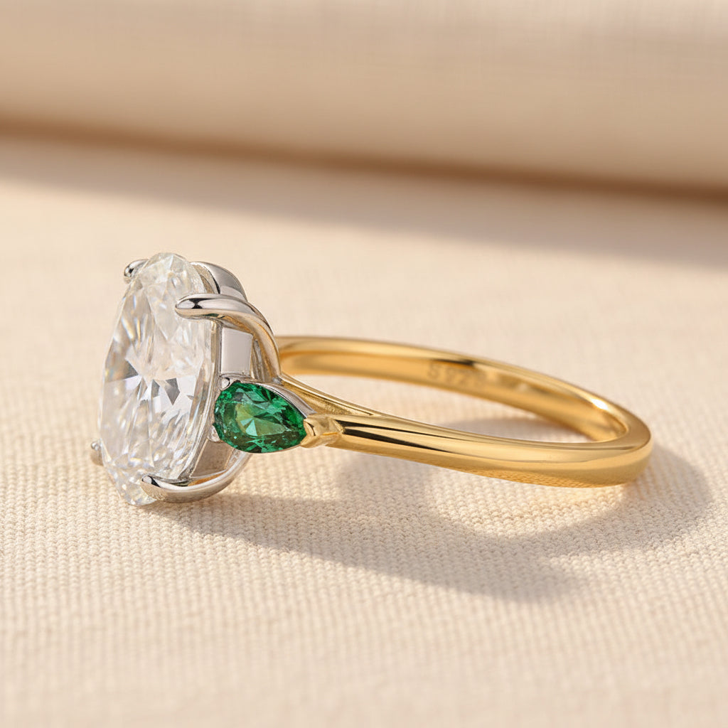 Aurevyn Moissanite 4.0Ct Oval Cut Green Pear Cut Side Stone Engagement Ring