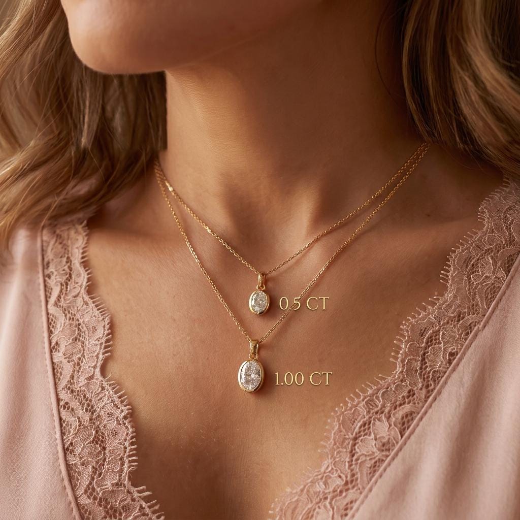 14K Solid Gold Oval Lab Diamond Bezel Pendant Necklace, Bezel Set Diamond Charm, Minimalist Gold Pendant, Universal Bail Jewelry Gift
