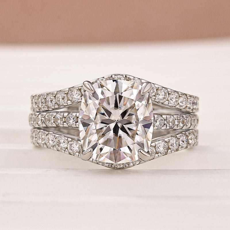 Aurevyn Moissanite 3.0Ct Cushion Cut/2.0Ct Princess Cut White Gold Wedding Ring with Enhancer Ring