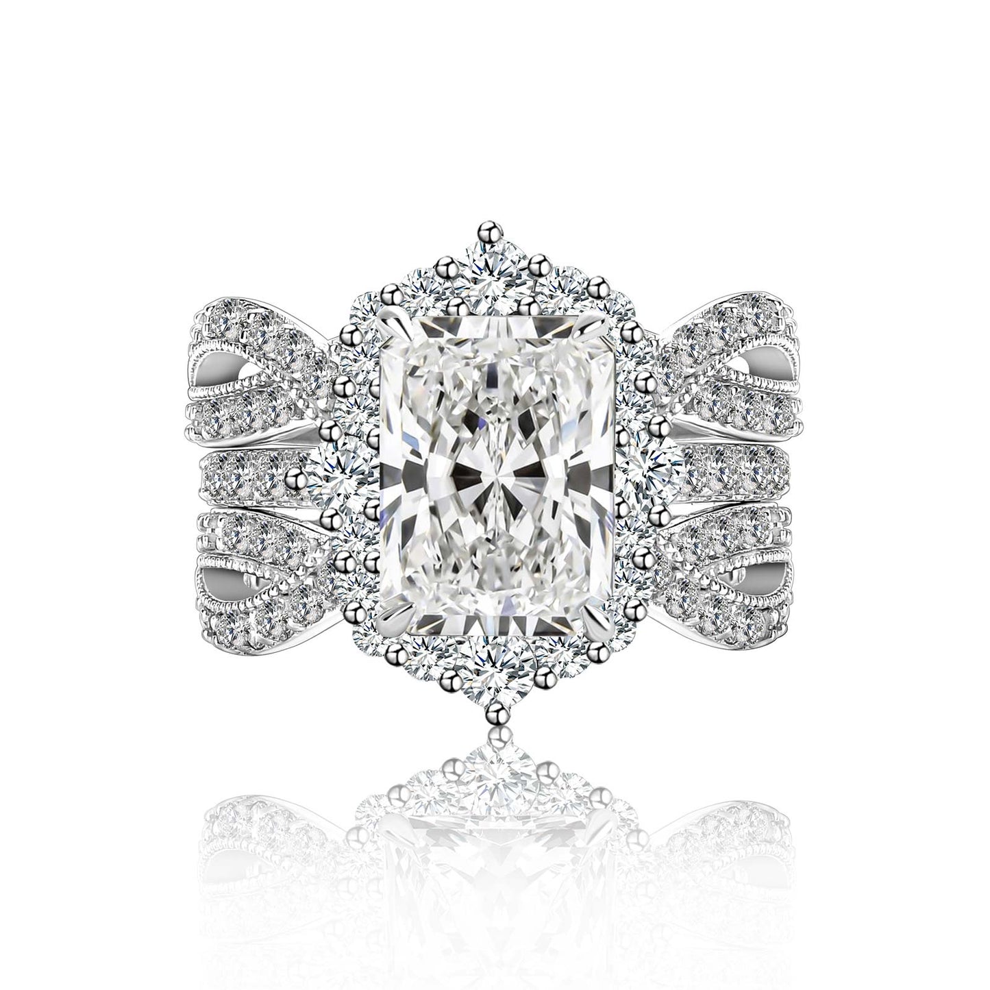 Aurevyn Moissanite 3.0Ct White Gold Halo Radiant Cut Stack Wedding Ring with Enhancer Wedding Band