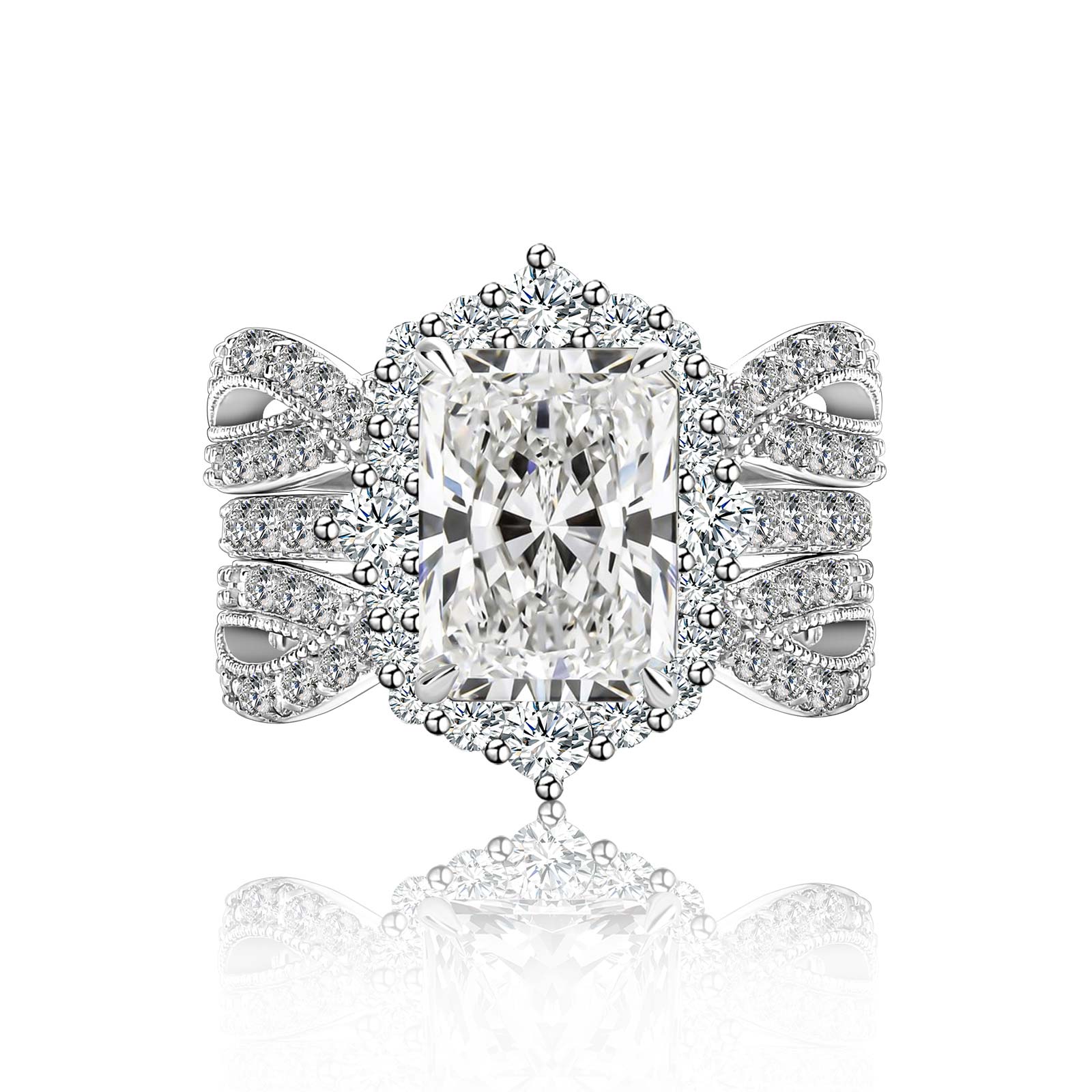 Aurevyn Moissanite 3.0Ct White Gold Halo Radiant Cut Stack Wedding Ring with Enhancer Wedding Band