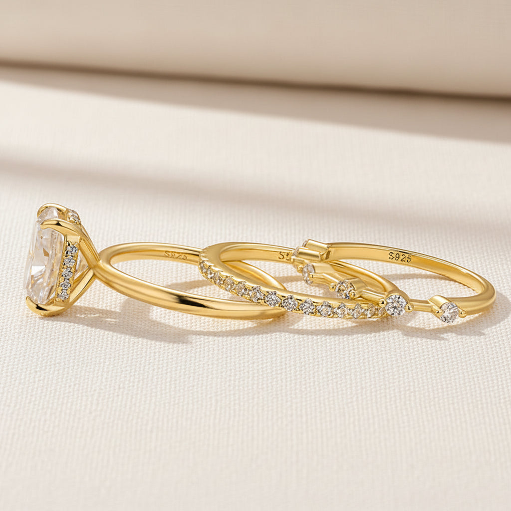 Aurevyn Moissanite 4.0Ct Cushion Cut Solitaire Yellow Gold 3PC Wedding Ring Set
