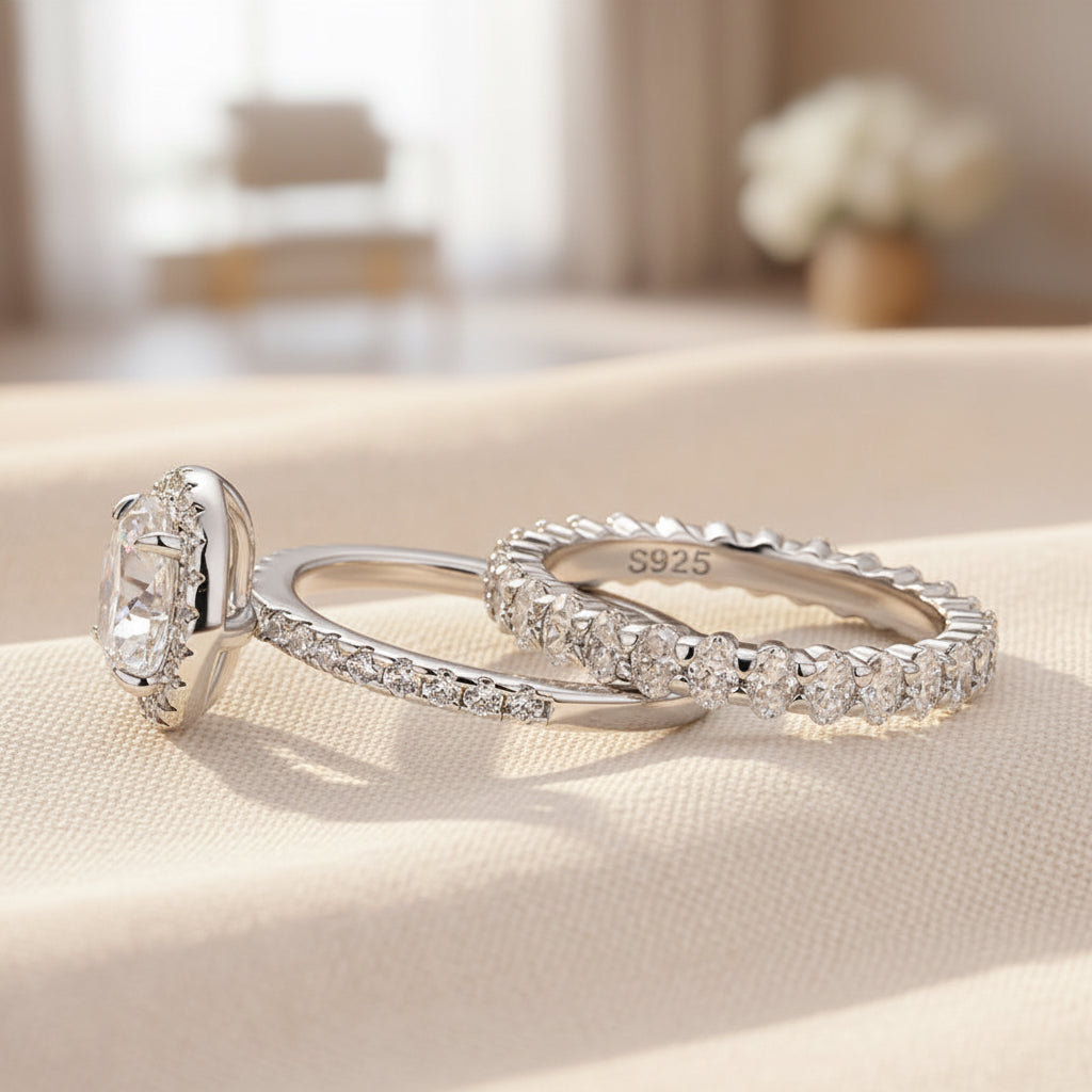 Aurevyn 2.0 Ct Halo Round Cut White Gold Wedding Ring with Oval Cut Wedding Band