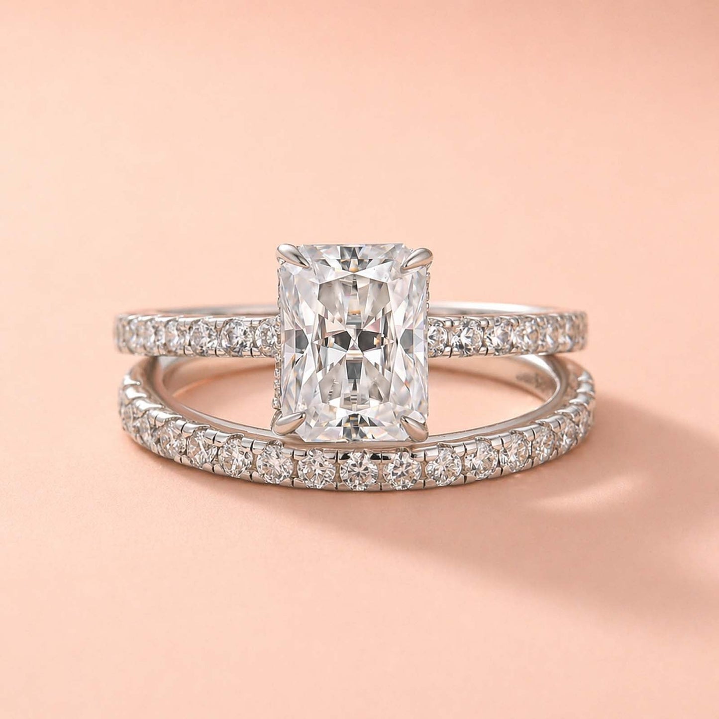Aurevyn S925 2.0Ct Radiant Cut Engagement Ring Set in Sterling Silver with Pave Wedding Band
