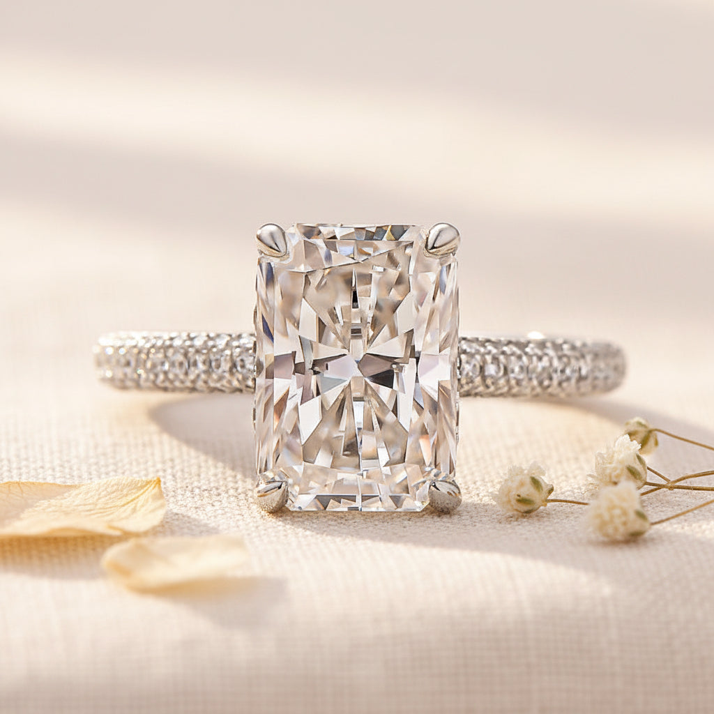 Aurevyn Moissanite Triple Row Pavé 3.5Ct Radiant Cut White Gold Engagement Ring