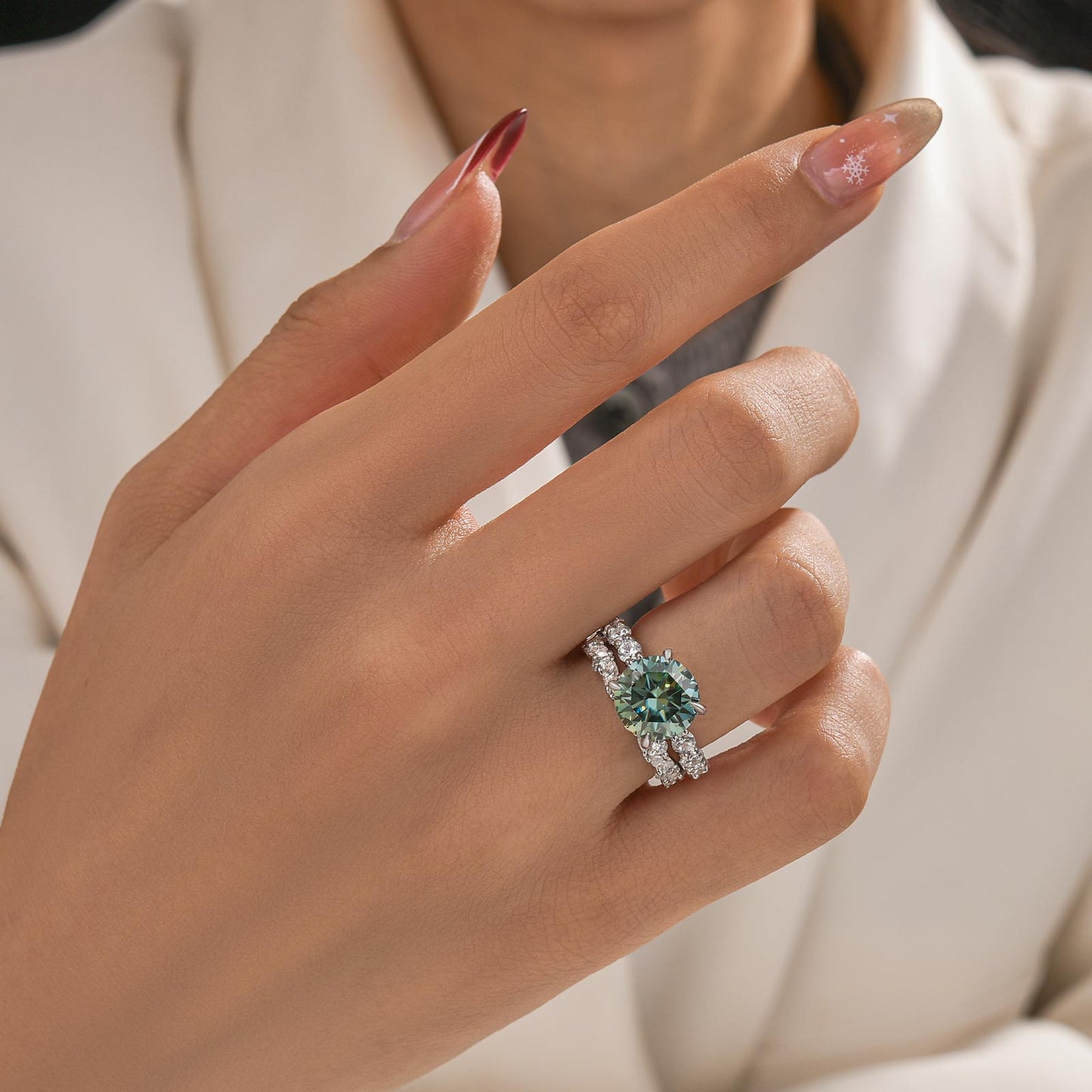 Aurevyn Moissanite 4.0Ct Round Cut White Gold  White/ Green Wedding Ring with Round & Marquise Cut Wedding Ring