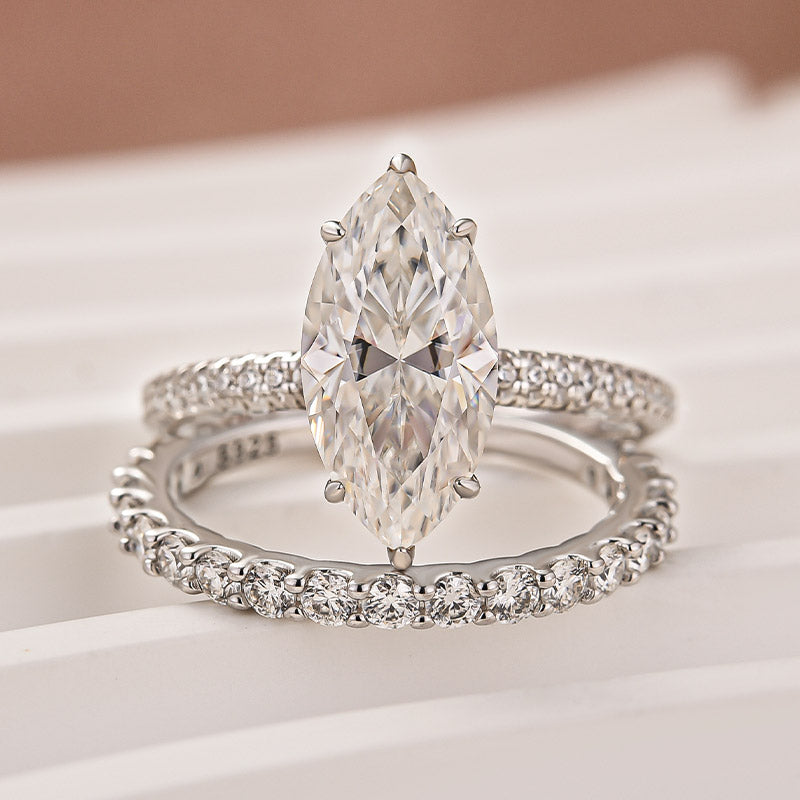 Aurevyn Moissanite 3.0Ct Marquise Cut Pave Three-Sided Band Bridal Ring Set