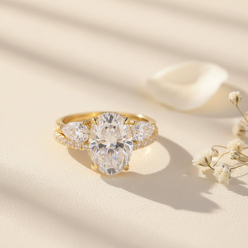 Aurevyn Moissanite 3.0Ct/4.0Ct Solitaire Oval Cut Engagement Ring With Pear Cut Wedding Band Wedding Ring Set
