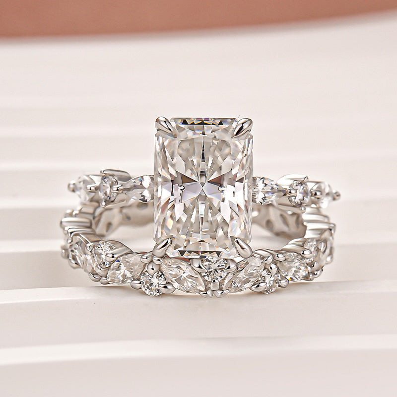 Aurevyn Moissanite 3.5 Ct Radiant Cut White Gold Engagement Ring with Marquise & Round Wedding Ring
