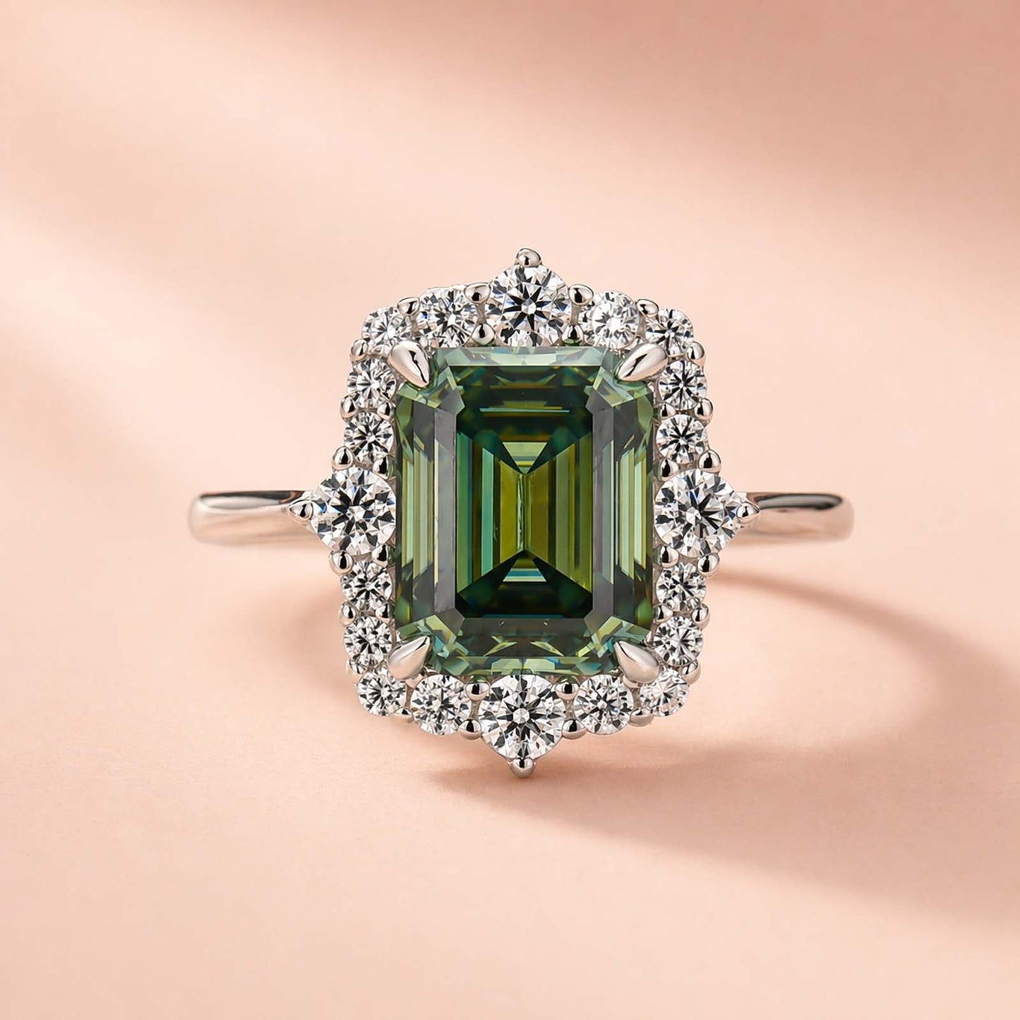 Aurevyn Moissanite 3.0Ct Halo Emerald Stone Emerald Cut Engagement Ring in Sterling Silver